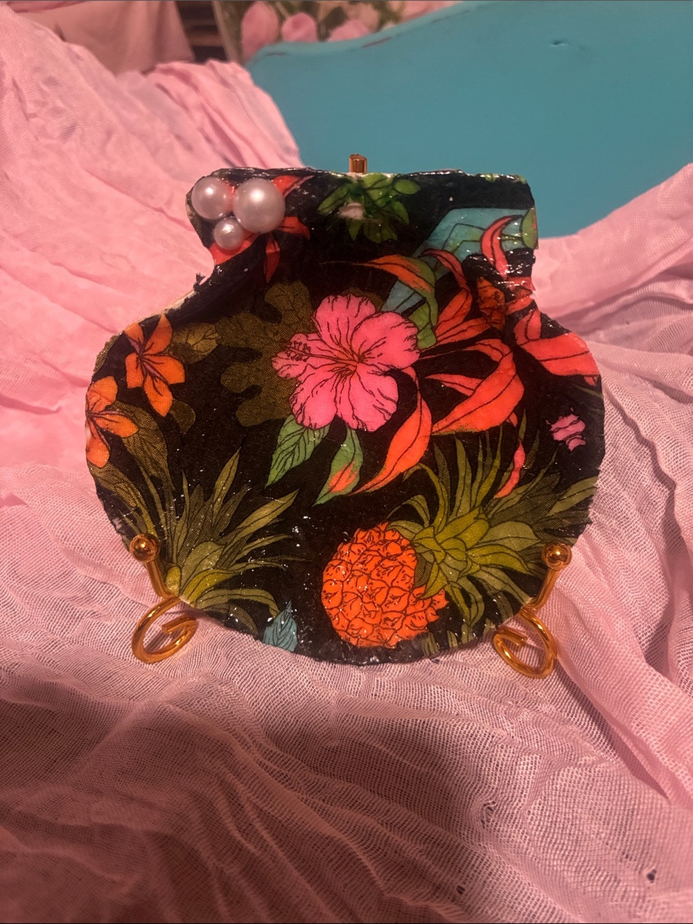 Tropical Pineapple Floral hand decorated Seashell art display